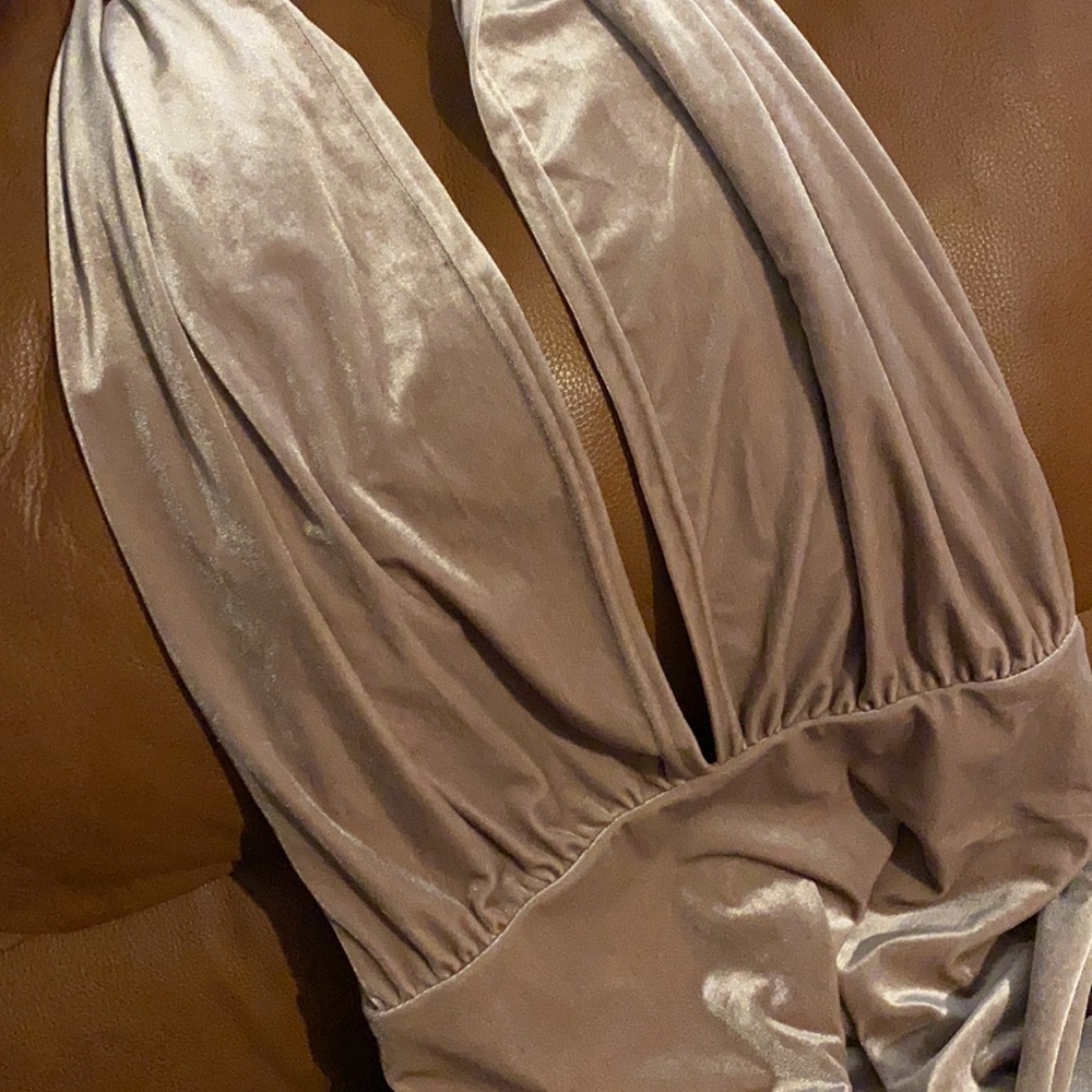 Revelry Micah Convertible Dress. Color is champagne. Material is velvet. L tall.